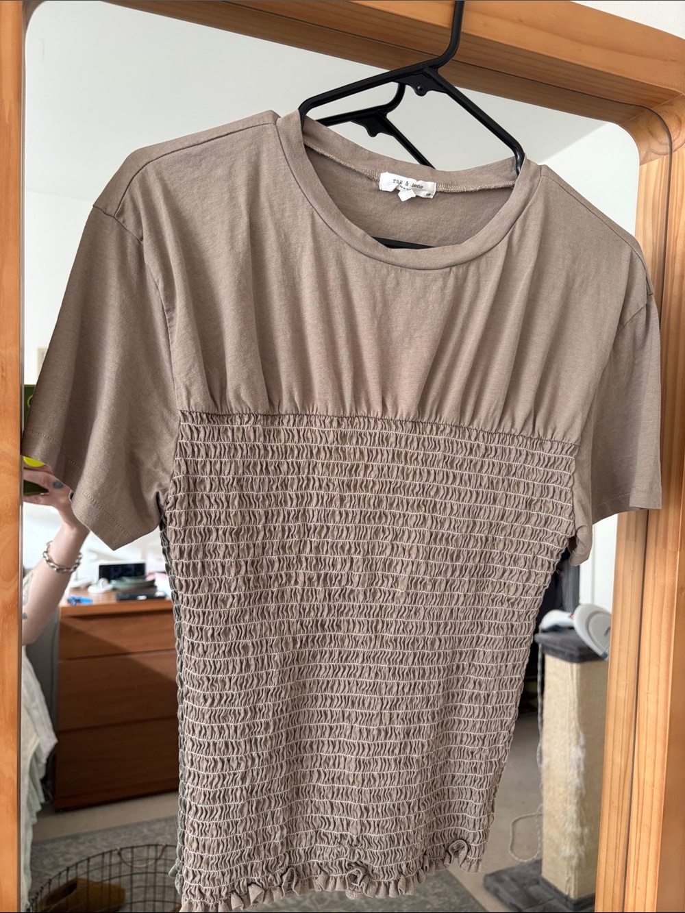 rag & bone Taupe Smocked Short-Sleeve Crewneck Tee